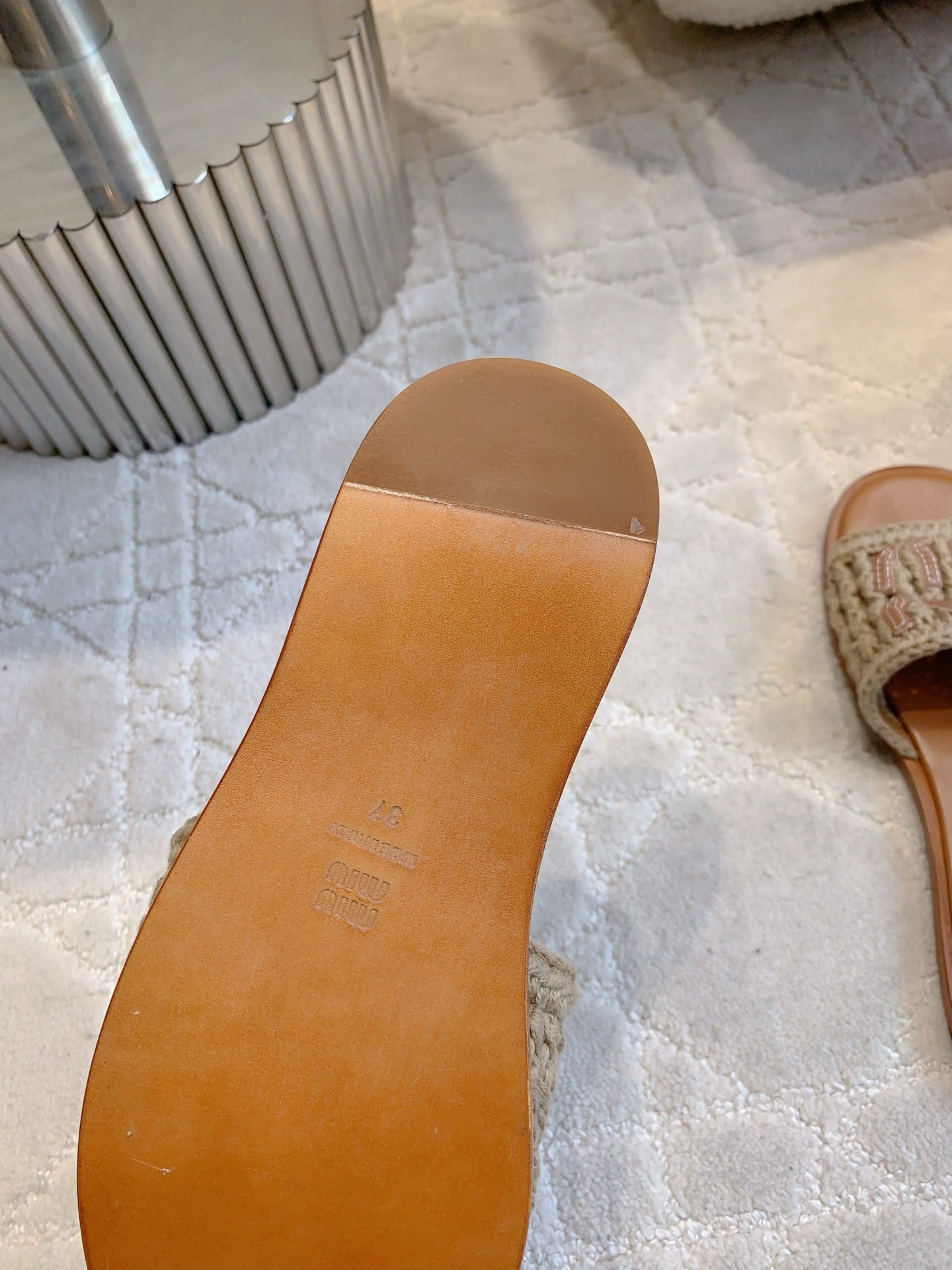 MIUMIU 26S SLIDE SANDALS IN LIGHT BROWN CALFSKIN AND WOOL