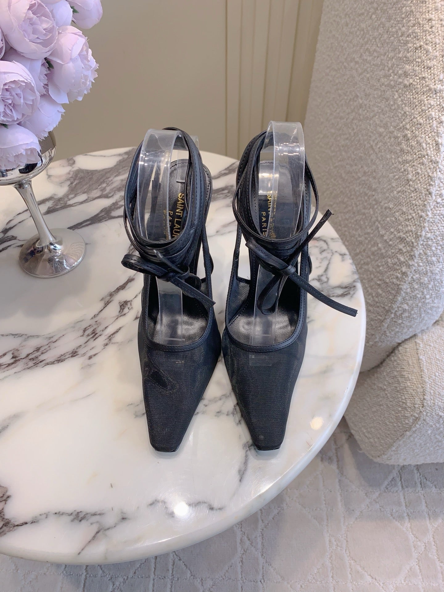 YSL 26S ANKLE-WRAP HEELED SLINGBACKS 90 MM IN BLACK MESH FABRIC