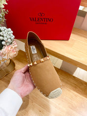 VALENTINO 26S SLIP ON SHOES IN BROWN CANVAS WITH ROCKSTUDS