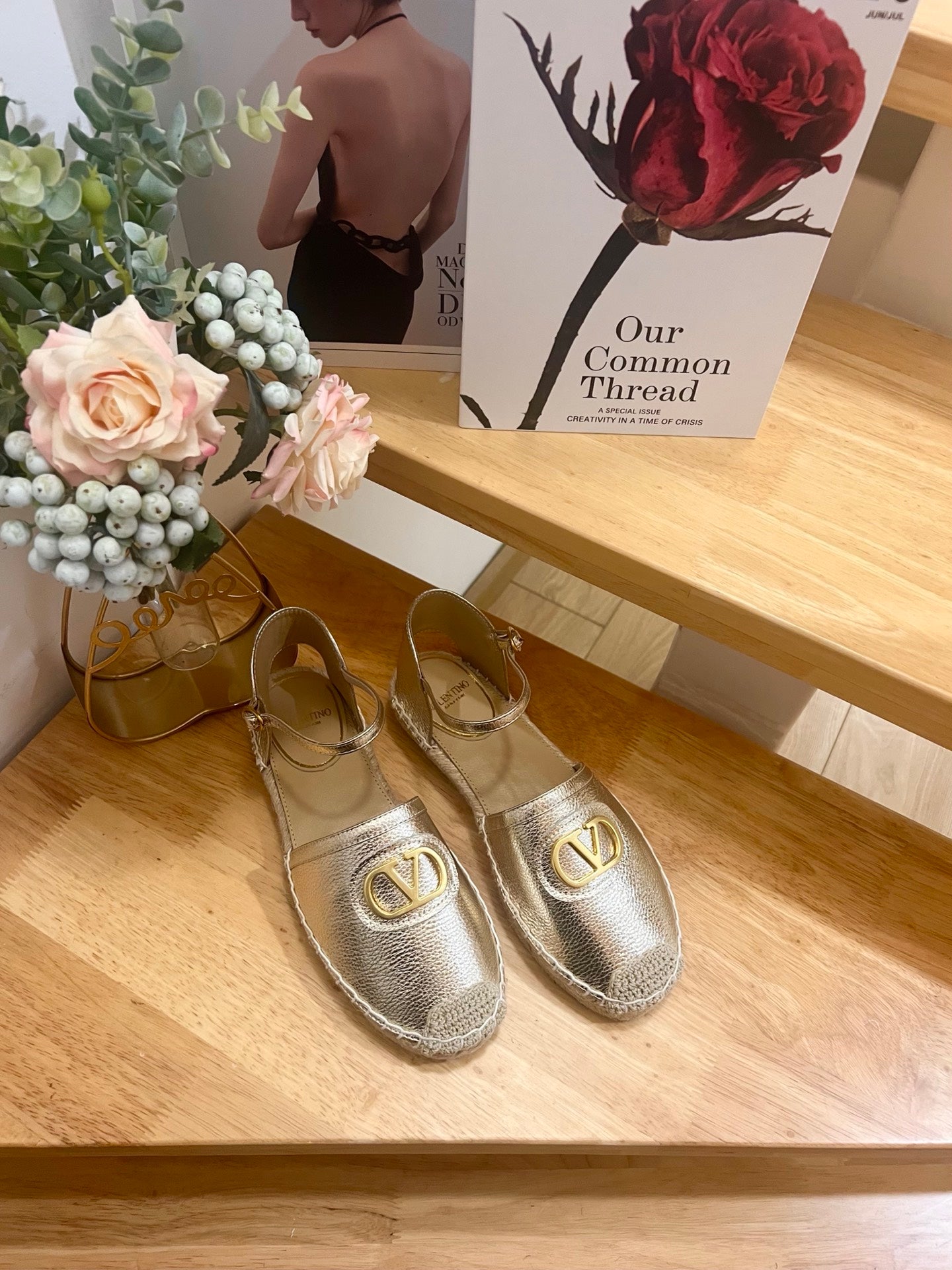 VALENTINO 26S ESPADRILLE SHOES IN METALLIC GOLD CALFSKIN
