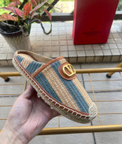 VALENTINO 26S ESPADRILLE MULES IN BLUE AND BEIGE RAFFIA