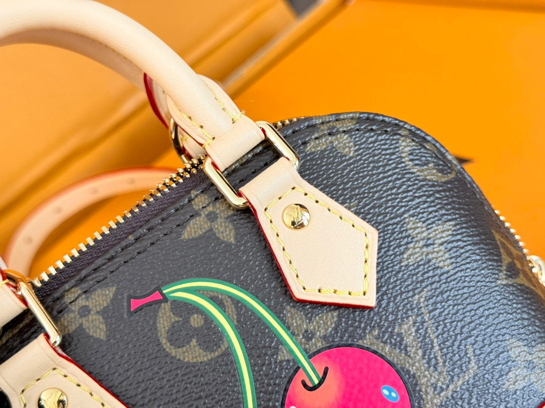 LV 25S NANO ALMA 18 IN DARK BROWN CANVAS MONOGRAM CHERRY PRINT GOLD HARDWARE
