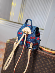 LV 25S VENICE BACKPACK 26 IN BLUE DENIM MONOGRAM CHERRY GOLD HARDWARE