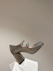 TRÈS VIVIER MARY JANE DOUBLE-STRAP PUMPS IN TAUPE CALFSKIN FULLY EMBELLISHED CRYSTALS