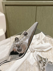 CAGOLE POINTED HIGH MULES IN SILVER SHINY CALFSKIN