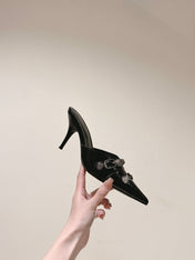 CAGOLE POINTED HIGH MULES IN BLACK SHINY CALFSKIN