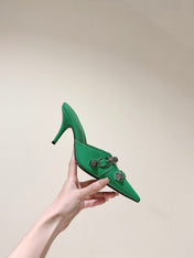 CAGOLE POINTED HIGH MULES IN GREEN SHINY CALFSKIN