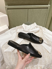 BLACK SHINY LAMBSKIN SQUARE TOE FLAT MULES GOLD BUCKLE