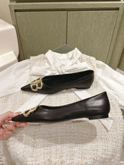 POINTED BB GOLD BUCKLE BALLET FLAT IN BLACK SMOOTH LAMBSKIN