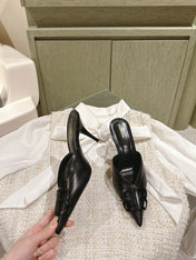 POINTED BB BLACK BUCKLE HIGH MULES IN BLACK SMOOTH LAMBSKIN