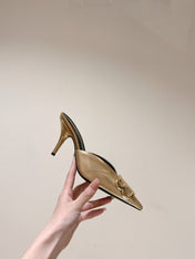 POINTED BB GOLD BUCKLE HIGH MULES IN GOLD METALLIC CALFSKIN