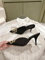 POINTED BB GOLD BUCKLE HIGH MULES IN BLACK SILK
