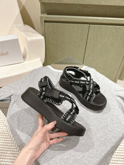 CHLOÉ 26S SANDALS IN BLACK LAMBSKIN AND CANVAS