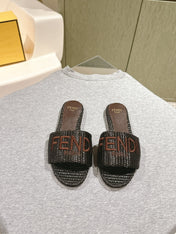 FENDI SIGNATURE MULE SLIDES IN DARK BROWN FIBRE