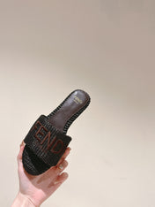 FENDI SIGNATURE MULE SLIDES IN DARK BROWN FIBRE