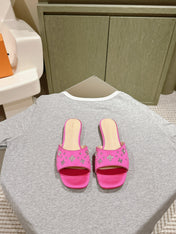 LV WOMEN FLAT MULE IN DEEP PINK SATIN WITH RHINESTONE