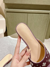 LV WOMEN FLAT MULE IN MAUVE PURPLE SATIN WITH RHINESTONE