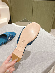LV WOMEN FLAT MULE IN COBALT BLUE SATIN WITH RHINESTONE
