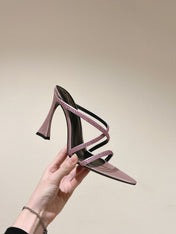 HIGH HEEL MULE 10 CM IN BABY PINK SATIN WITH RHINESTONES