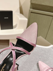 HIGH HEEL MULE 10 CM IN BABY PINK SATIN WITH RHINESTONES