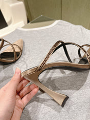 HIGH HEEL MULE 10 CM IN CAMEL BEIGE SATIN WITH RHINESTONES
