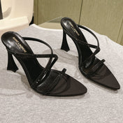 HIGH HEEL MULE 10 CM IN BLACK SATIN WITH RHINESTONES