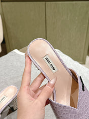 JEWELLED HEEL 55 MULE SANDALS IN PASTEL PURPLE CALFSKIN