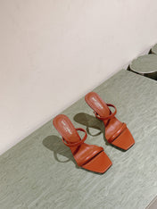 YSL 25S OPYUM HIGH-HEEL SANDALS 100 MM IN BURNT ORANGE BROWN LAMBSKIN
