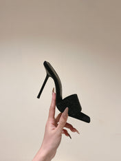 YSL 25S HEELED SANDALS 100 MM IN BLACK LAMBSKIN WITH RHINESTONE-EMBELLISHED STRAP