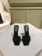 YSL 25S HEELED SANDALS 100 MM IN BLACK LAMBSKIN WITH RHINESTONE-EMBELLISHED STRAP