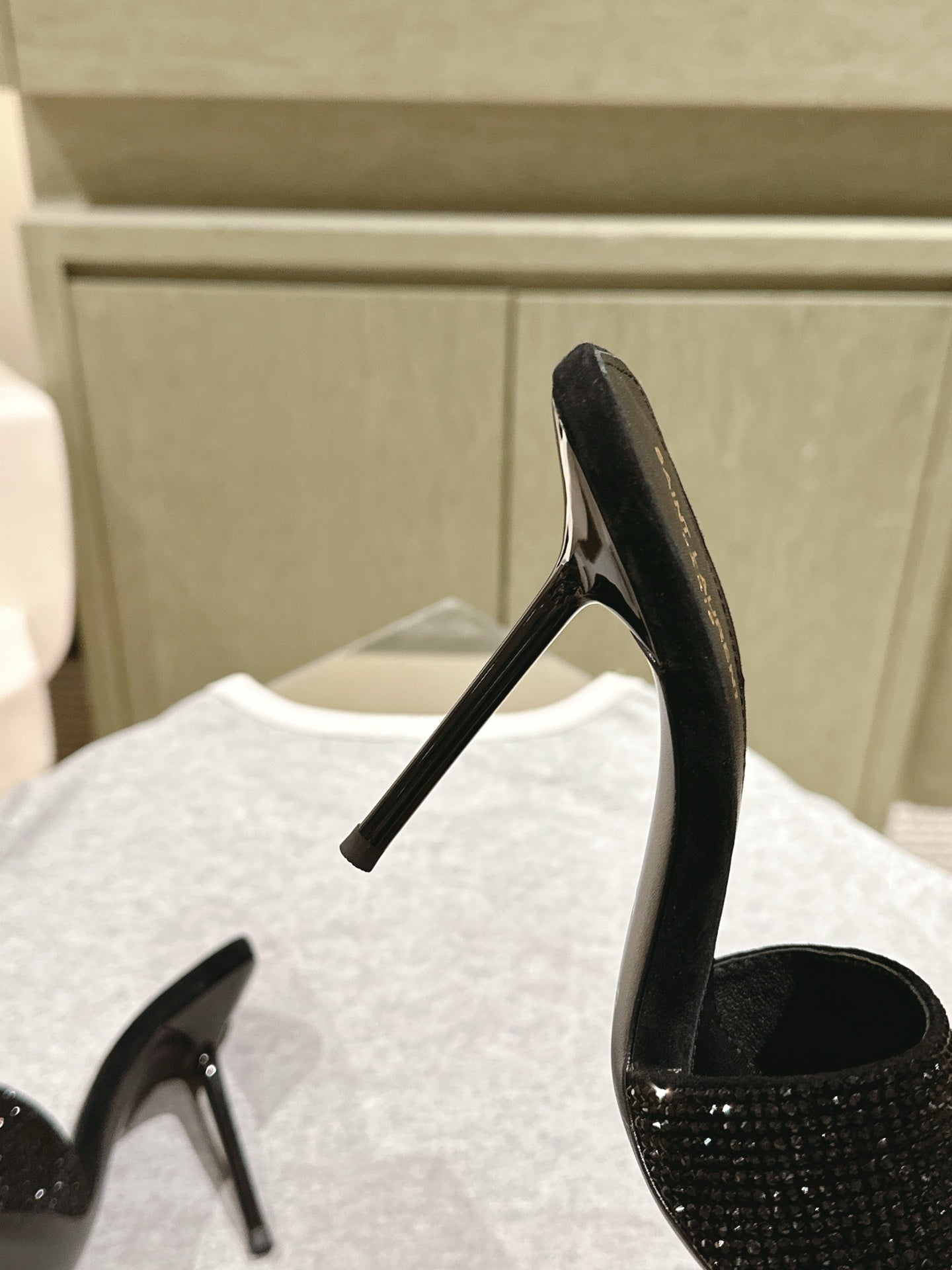 YSL 25S HEELED SANDALS 100 MM IN BLACK LAMBSKIN WITH RHINESTONE-EMBELLISHED STRAP