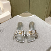 CHLOÉ 26S SLIDE SANDALS IN SILVER LAMBSKIN