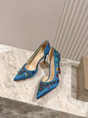 COLORFUL EMBROIDERED IRIZA PUMPS 105MM IN AQUA BLUE SATIN