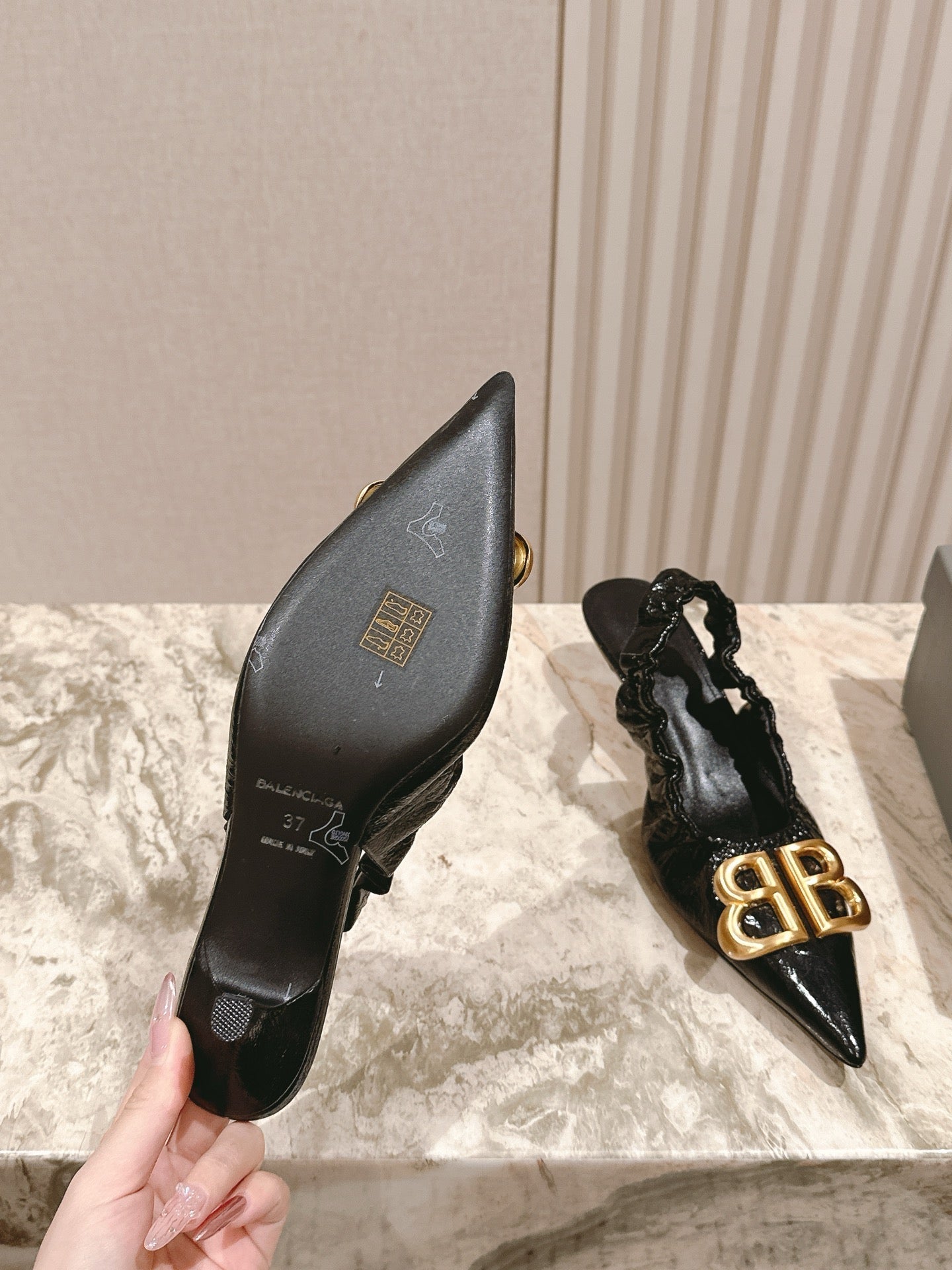 BALENCIAGA 25S HIGH SLINGBACK 45 MM IN BLACK LAMBSKIN WITH GOLD HARDWARE