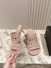 ALAIA HIGH HEEL CHUNKY TWO-STRAP 25S IN PINK BEIGE SUEDE