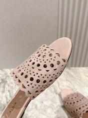 ALAIA PERFORATED SLIDE SANDALS 25S IN PINK BEIGE SUEDE