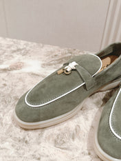 LP LOAFERS 25S IN MOSS GREEN SUEDE WITH SILVER HARDWARE