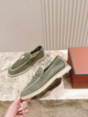 LP LOAFERS 25S IN MOSS GREEN SUEDE WITH SILVER HARDWARE