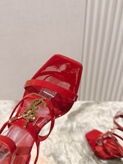 YSL 25S STILETTO HIGH-HEEL SANDALS 100 MM IN RED LAMBSKIN WITH GOLD HARDWARE