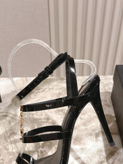 YSL 25S STILETTO HIGH-HEEL SANDALS 100 MM IN BLACK LAMBSKIN WITH GOLD HARDWARE