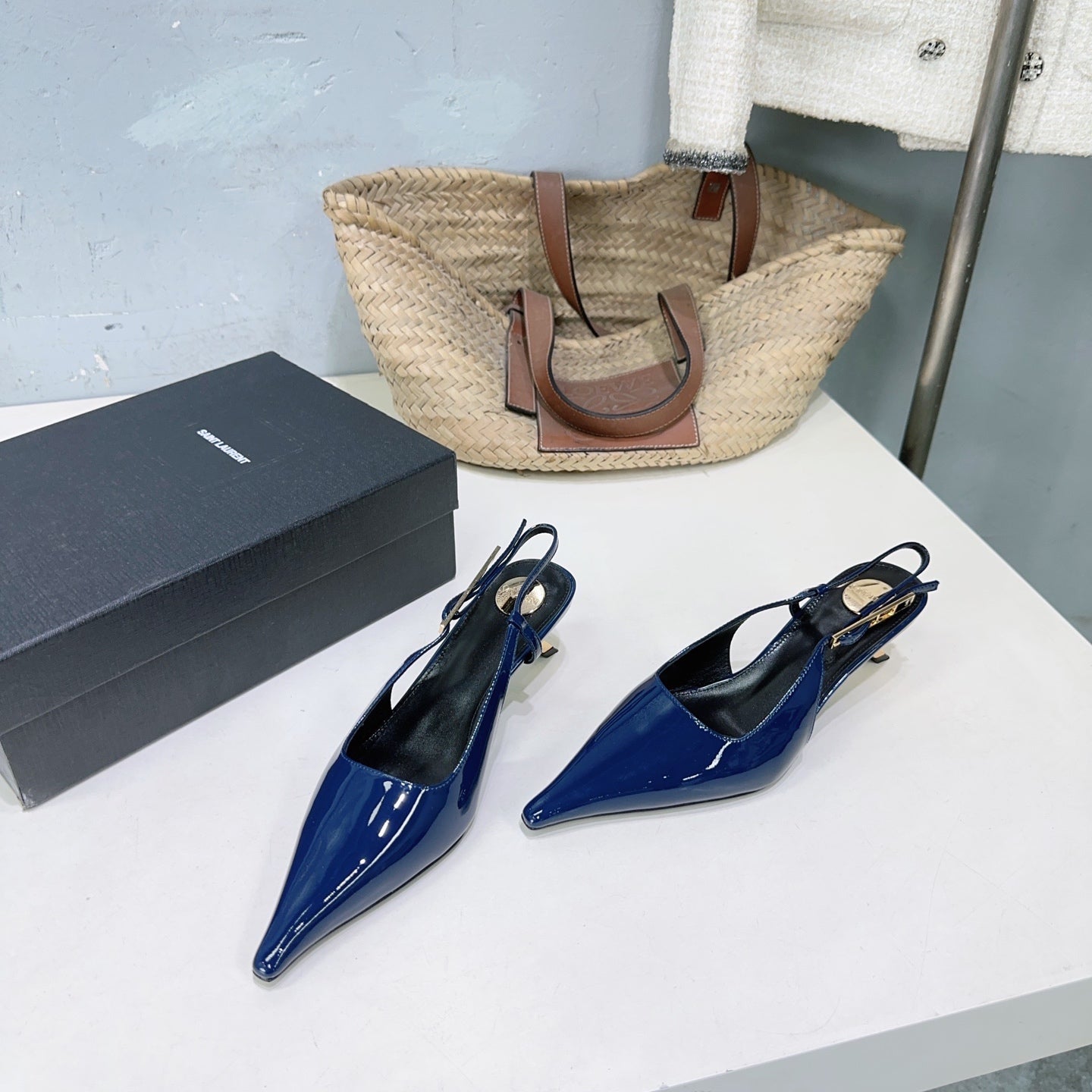 YSL 26S SLINGBACK HEELS 65 MM IN NAVY BLUE CALFSKIN