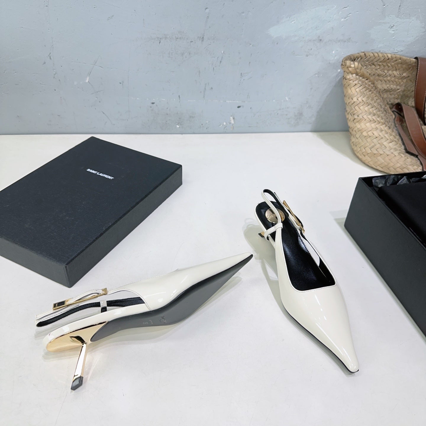 YSL 26S SLINGBACK HEELS 65 MM IN WHITE CALFSKIN