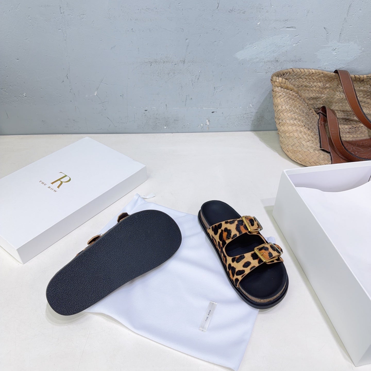 THE ROW 26S DOUBLE STRAP SLIDE SANDALS IN LEOPARD PRINT CALF HAIRCALFSKIN