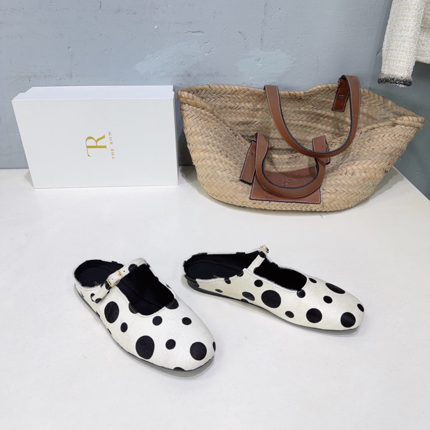 THE ROW 26S MARY JANE FLATS IN WHITE CALFSKIN POLKA DOT CALF HAIR