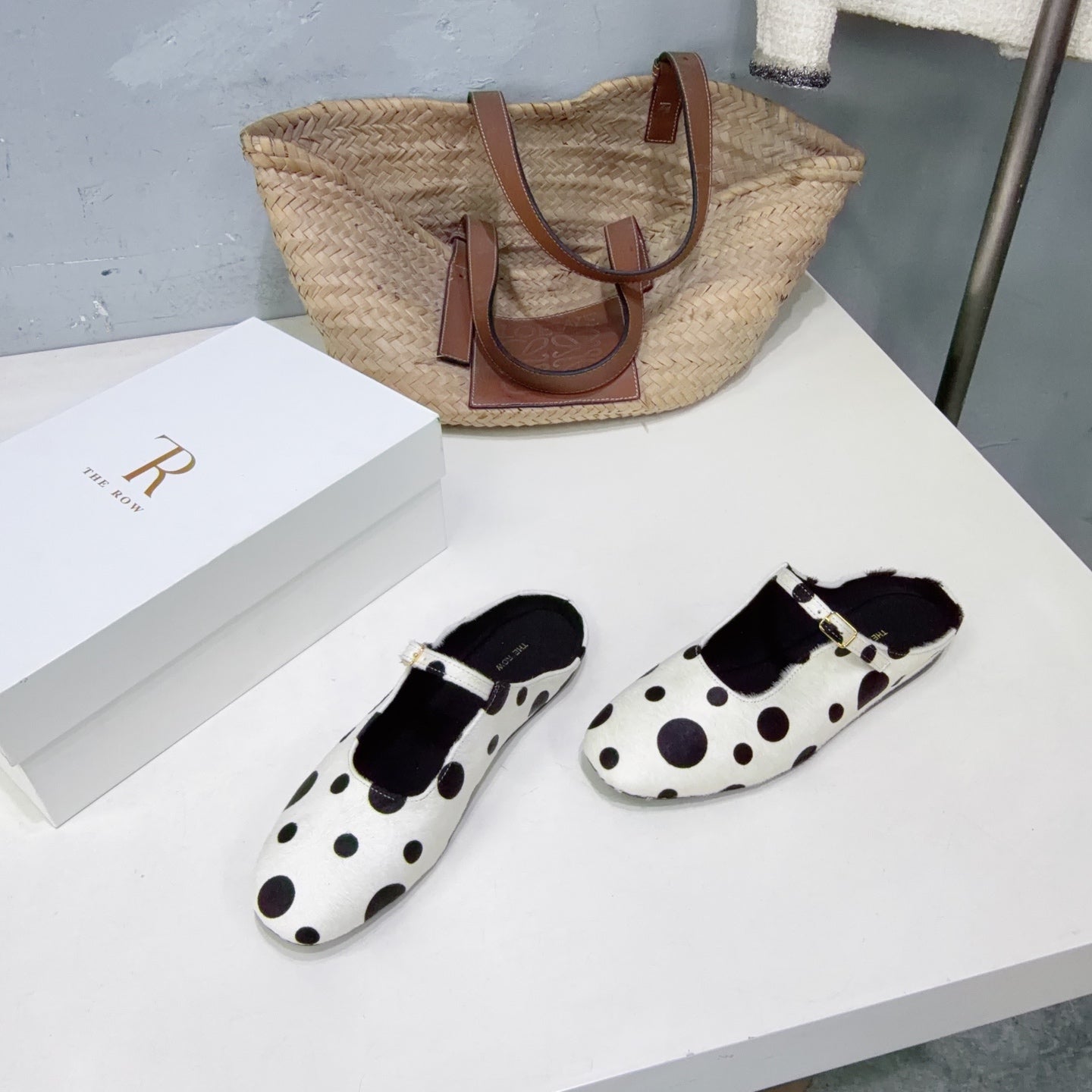 THE ROW 26S MARY JANE FLATS IN WHITE CALFSKIN POLKA DOT CALF HAIR
