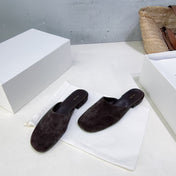 THE ROW 26S ROUND TOE MULES IN DARK BROWN SUEDE