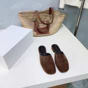 THE ROW 26S ROUND TOE MULES IN CHOCOLATE BROWN SUEDE