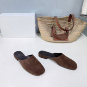 THE ROW 26S ROUND TOE MULES IN CHOCOLATE BROWN SUEDE