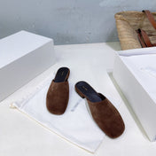 THE ROW 26S ROUND TOE MULES IN CHOCOLATE BROWN SUEDE