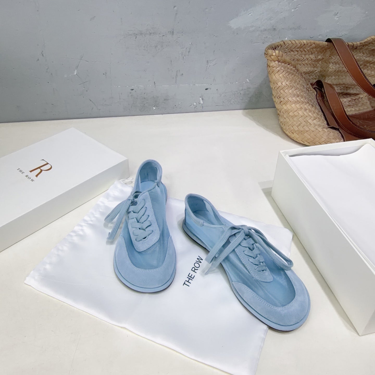 THE ROW 26S LACE UP SNEAKERS IN LIGHT BLUE SUEDE AND MESH
